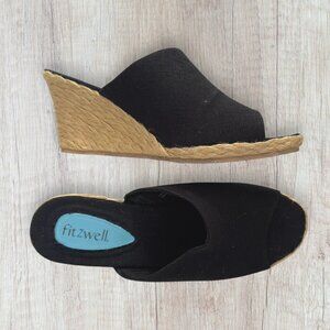 NEW FITZWELL Black Slip On Slide Espadrille Wedge Peep Toe Sandals Jute 8 WW